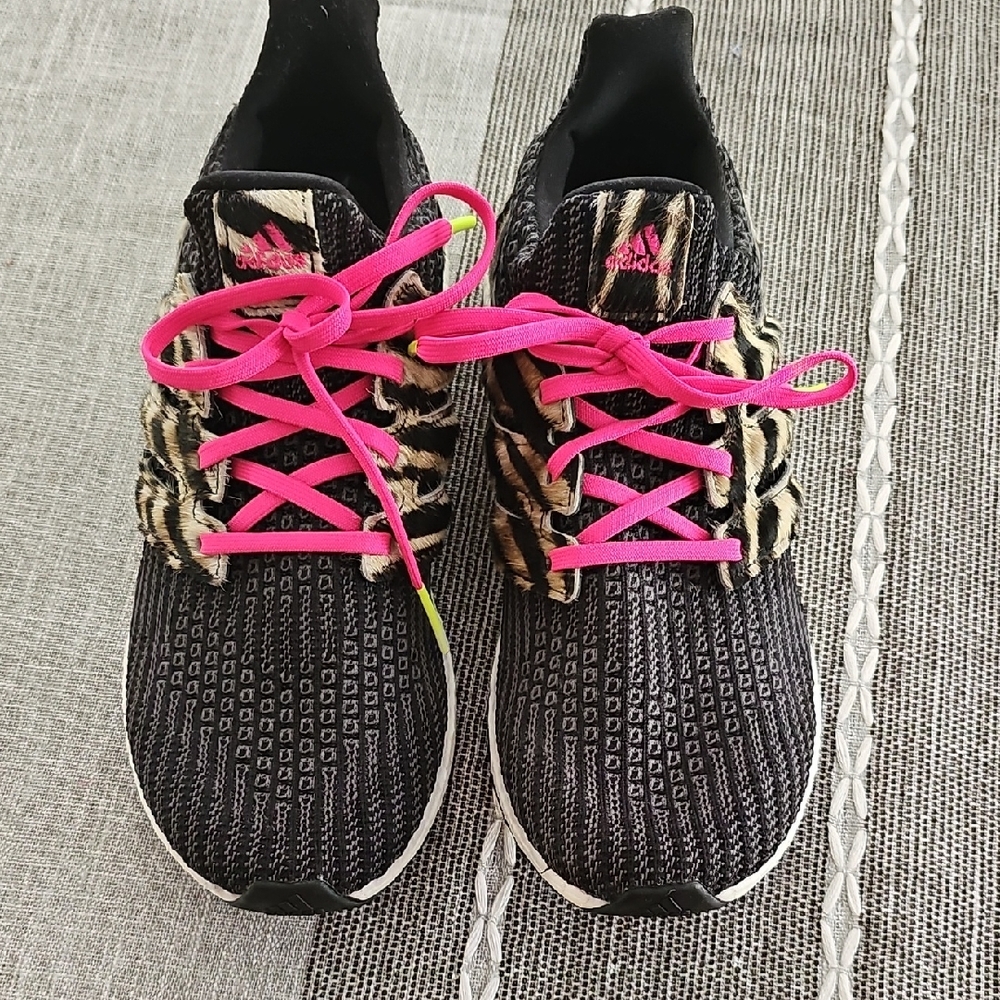 Adidas Ultra Boost Black Knit Running Shoes with Hot Pink Laces and Animal Print